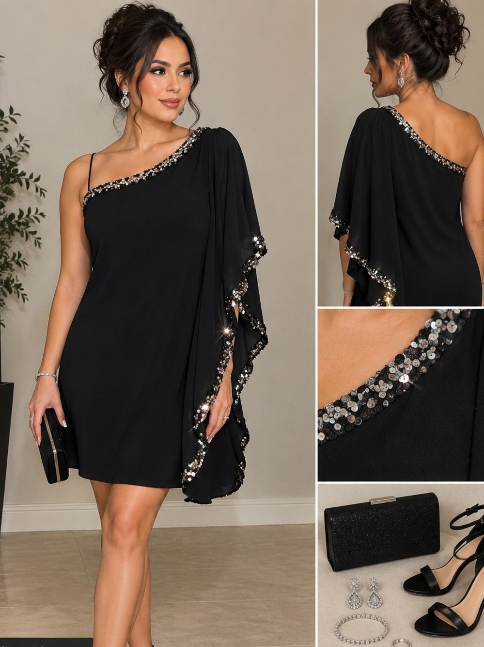 Black One-Shoulder Sequin-Trim Cocktail Dress